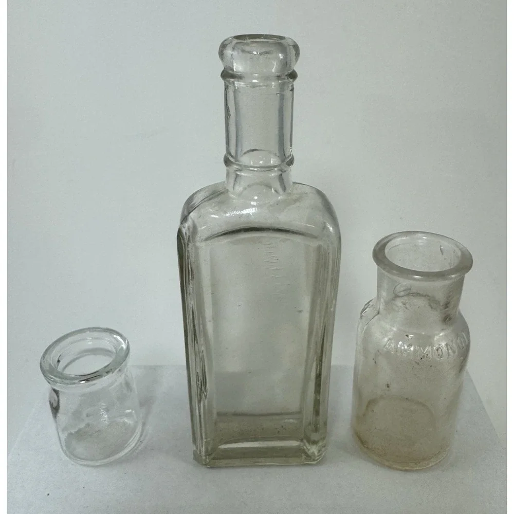 Lot of 3 Vintage Glass Apothecary Bottles Clear Ammonol Embossed Decorative Set